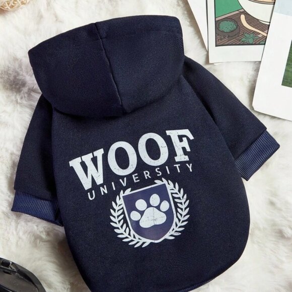 New PETSIN Dog Hooded Sweatshirt Woof University Letter Print, Navy, S & M - Picture 1 of 11